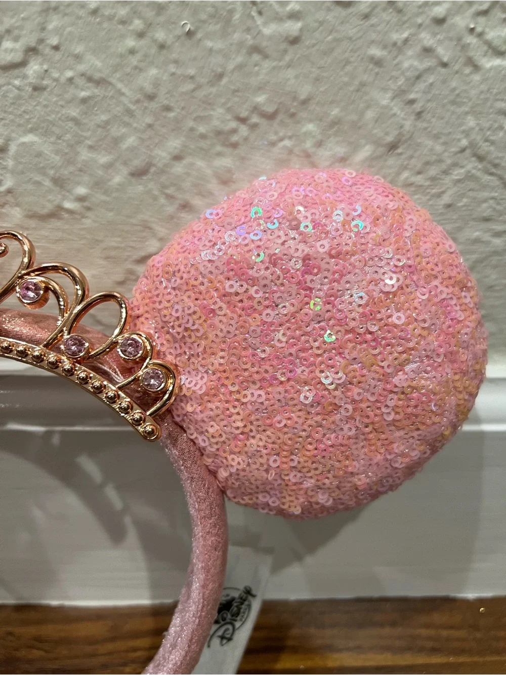 Disney Pink Sequin Minnie Ear Headband with Rose Gold Tiara